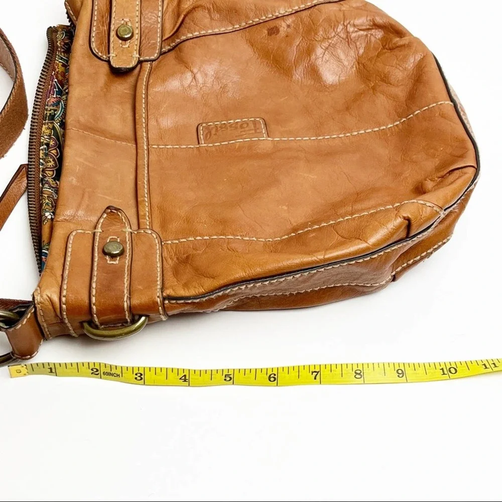 FOSSIL Brown Leather Stitched Adjustable Strap Paisley Lined Shoulder Bag Boho
